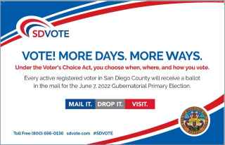 Image of the frontside Direct Mailer with SDVOTE logo explaining the voter's choice act. Vote, more days, more ways slogan. 