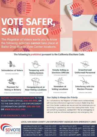 Image of Sample Flyer.  Vote Safer, San Diego Explaining what is prohibited from taking place at the Ballot Drop Box or Vote Center locations. 