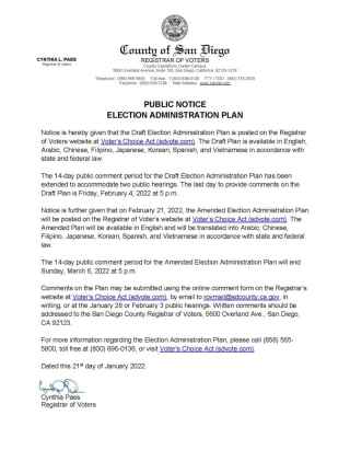 Image of the Public Notice given that the Draft Election Administration Plan is posted on the Registrar of Voters website at sdvote.com 