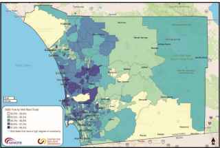 Image of a San Diego County map showing Areas with Low Vote-by-Mail Usage. Data is displayed with 2020 Vote By Mail Rate % (Total) by color coding. 