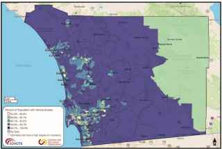 Image of a San Diego County map showing Low Rates of Vehicle Ownership. Data is displayed by color coding the percent of population with vehicle access. 