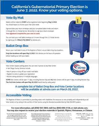 Image of a Direct Mailer explaining California's Gubernatorial Primary Election June 7, 2022 voting options. Vote by Mail Ballot Drop Box Vote Centers Accessible Voting by Remote Accessible Vote By Mail (RAVBM) system