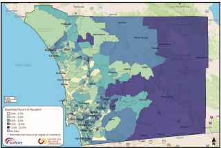 Image of a San Diego County map showing Voters with Disabilities. Data is displayed by color coding the disabilities percent of population. 