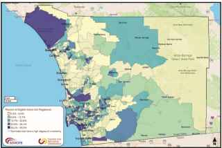 Image of a San Diego County map  showing Eligible Residents who are Not Yet Registered to Vote by color coding. 