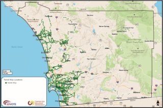 Image of a San Diego County map showing public transit stop routes throughout San Diego County.