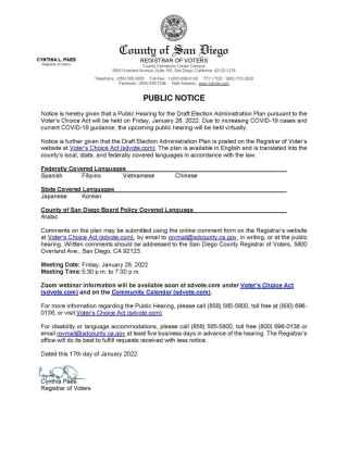 Image of the Public Notice for the first Public Hearing held on Friday, January 28, 2022 discussing the Draft Election Administration Plan pursuant to the Voter's Choice Act. 