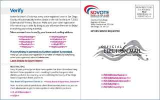 Image of the backside Direct Mailer asking the voter to verify their home and mailing address. Also, a note about redistricting and what County Board of Supervisor District the voter lives in.